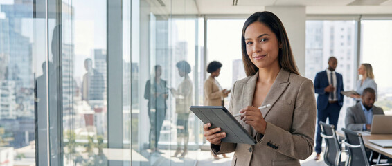  Smiling latin hispanic young woman using pad computer for business app. Busy executive CEO businesswoman professional holding digital tablet pc device for work in modern office. Banner, copy space 