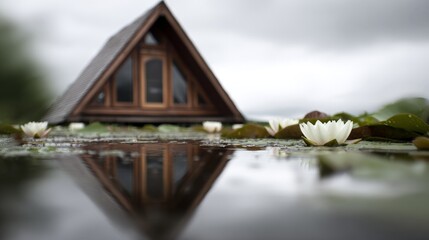 A small wooden house with a triangular roof is reflected in the water. The house is surrounded by a pond with white flowers. The scene has a peaceful and serene mood, with the house