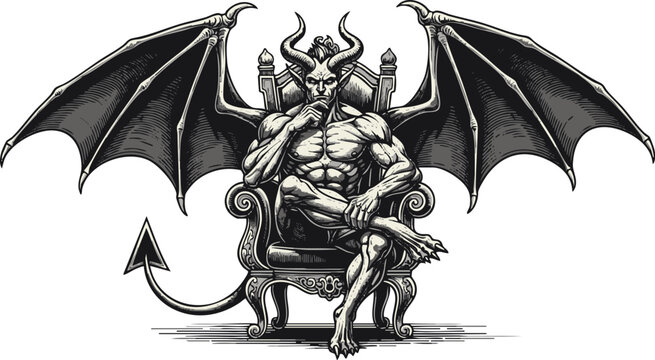 Muscular horned demon with large bat wings seated confidently upon an ornate throne