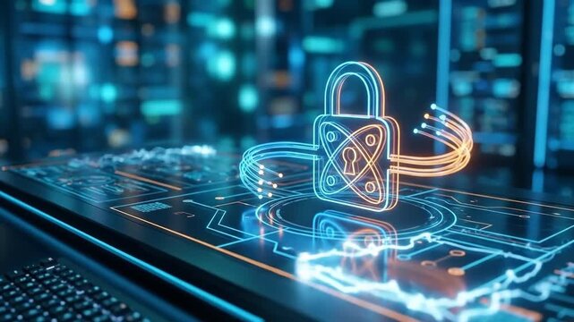 Digital padlock activating with fiber connections on keyboard surface. Secure quantum network transmission evolving from start to completion. Futuristic cybersecurity concept for ai data management.