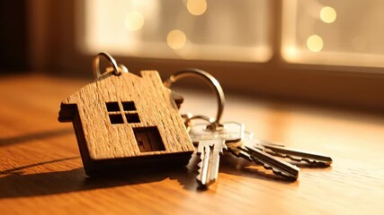 House keychain with wooden house shape and keys on wooden table. Cozy atmosphere creates warm feeling of home and security. Perfect for real estate and home improvement themes. - Powered by Adobe