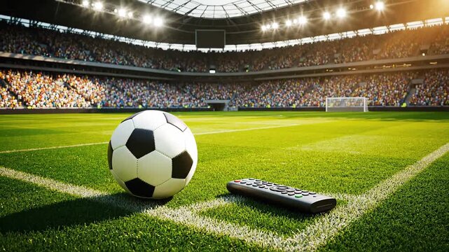 TV remote control and a soccer ball sit on the corner kick line of a vibrant green soccer field, with a bustling stadium filled with cheering fans in the background