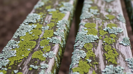 Lichen on park bench with weathered wood texture and natural colors  