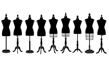 Various black dress forms displayed on stands against a white background