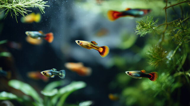 A peaceful guppy tank with multiple colorful guppies swimming around green plants, soft daylight illuminating the water
