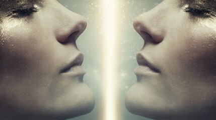 Obraz premium A woman's face is reflected in a mirror, with her eyes closed and a serene expression