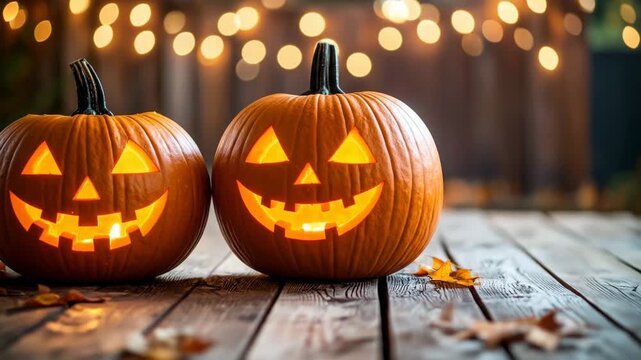 Two carved pumpkins with glowing faces sit on a wooden surface with blurred lights in the background.
