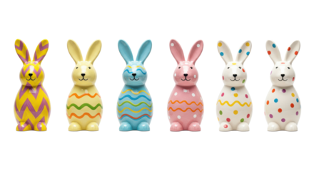 Seven vibrant, decorated ceramic Easter bunnies in a row on a transparent background with copy space and subtle shadows, professional product photography concept of easter celebration and spring joy