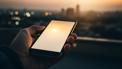 Modern Technology & City Sunset: A hand holds a sleek mobile phone, capturing the sunset with city buildings at dusk, a fusion of technology and urban life.