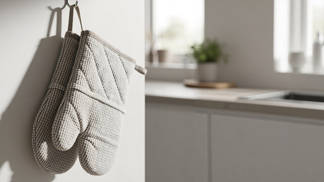 Oven mitts hanging in modern kitchen with soft light and neutral colors  