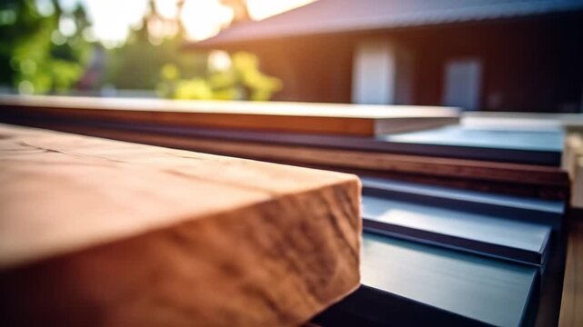 Close-up shot of a stack of wooden boards with varying colors and textures, bathed in sunlight.
