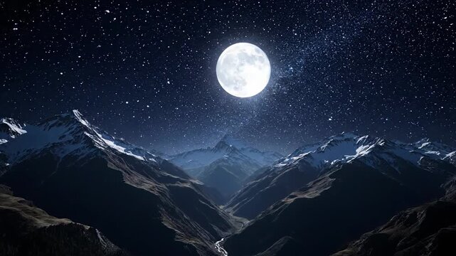 Magnificent full moon illuminating a sky filled with shimmering stars above a picturesque snow covered mountain range and a serene valley with a flowing river. Tranquil night setting
