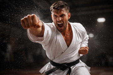 Portrait of fighter performing karate stance against arena