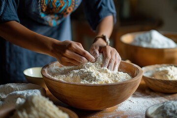 Close-up of hands kneading dough in artisan kitchen setting