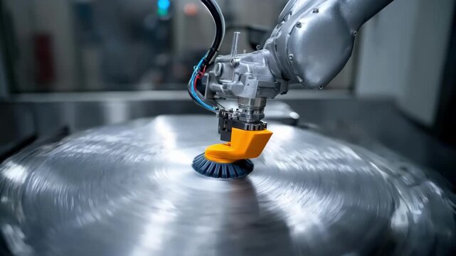 Medium shot of a robotic arm gently polishing a metal surface with a rotary buffer ensuring a consistent highgloss finish under precise machine control.