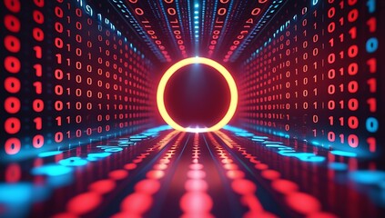 Vibrant digital tunnel with glowing binary code and futuristic neon lights