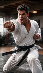 Portrait of fighter performing karate stance against arena