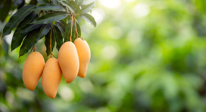 ripe mangoes hanging from a tree branch with green leaves and sunshine - Powered by Adobe