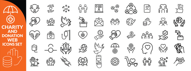 Charity and Donation set of web icons in line style. Volunteering and donation icons for web and mobile app. Help, caring, solidarity, alms, donate, volunteer, care, charity and more. Editable stroke 