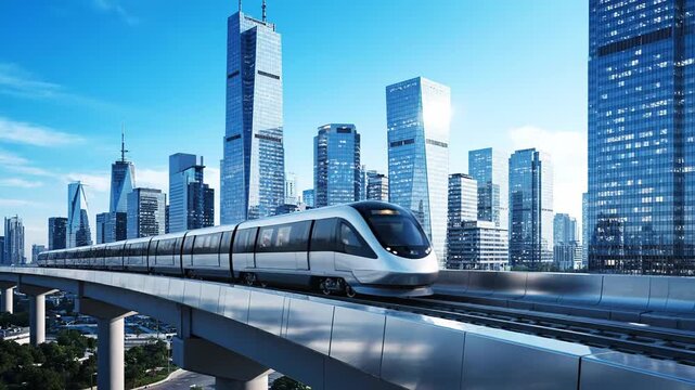 Cutting edge high speed magnetic levitation train zipping along an elevated rail. The sleek maglev glides through a metropolitan landscape filled with towering skyscrapers