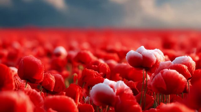 A Vibrant and Expansive Field of Poppies in Full Bloom, Showcasing a Sea of Red Petals Under a Softly Lit Sky, Evoking a Sense of Tranquility and Natural Beauty in Nature's Splendor