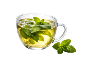 Aromatic and Refreshing Herbal Mint Tea Brewed in a Clear Glass Cup, Featuring Fresh Green Leaves for a Soothing Healthy Beverage
