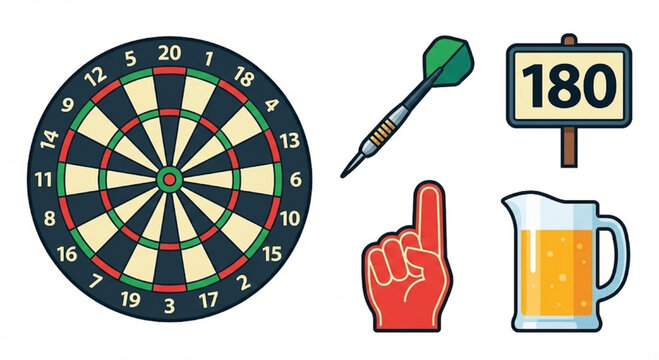 Collection of Dartboard, Darts, Scoreboard, Foam Finger, and Beer Mug Icons