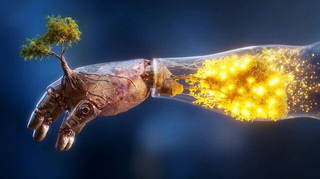 A Futuristic Vision of Nature and Technology: A Robotic Hand Nurturing a Tree and Emitting Bright Light, Symbolizing the Harmony Between Nature and Artificial Intelligence in a Unique Aesthetic