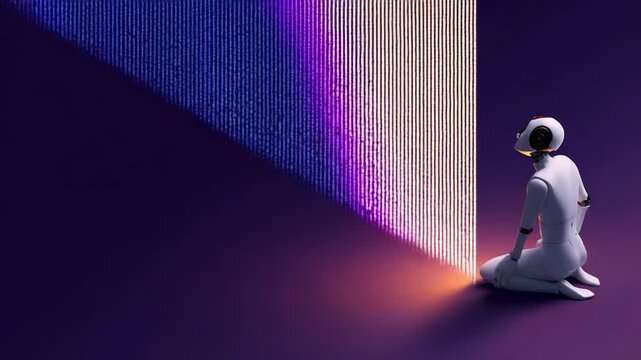 A futuristic humanoid figure contemplates as streams of glowing data cascade downward, symbolizing the intersection of technology and humanity, showcasing innovation and introspection.