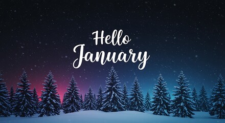 snowy pine trees under starry night sky with hello january text
