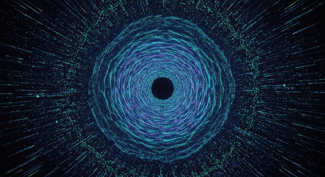 Glowing digital particle tunnel creates an abstract view into a wormhole structure - Powered by Adobe