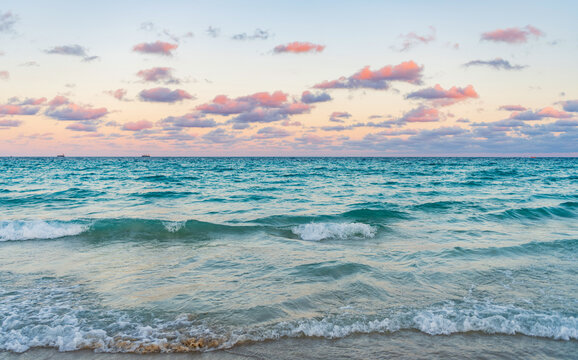Sea horizon view. Cloudy sky and seascape at summer vacation. Skyscape with sea horizon. Calm horizon view at sea sunrise. Romantic summer vacation sunrise on seascape. Distant sea horizon