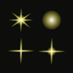Golden Sparkling Star Lens Flare and Glowing Light Effect Set on Black Background
