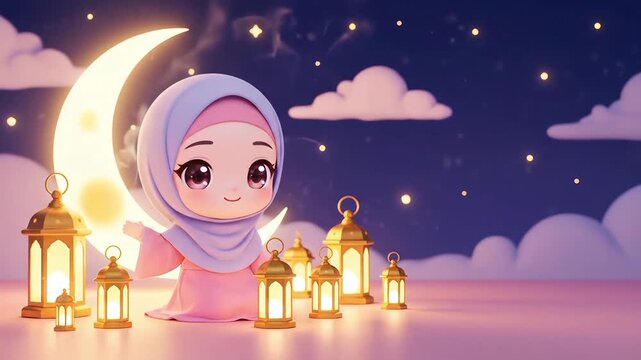 A cute cartoon Muslim girl in a hijab sitting with a crescent moon and glowing lanterns under a starry night sky, celebrating a religious festival.
