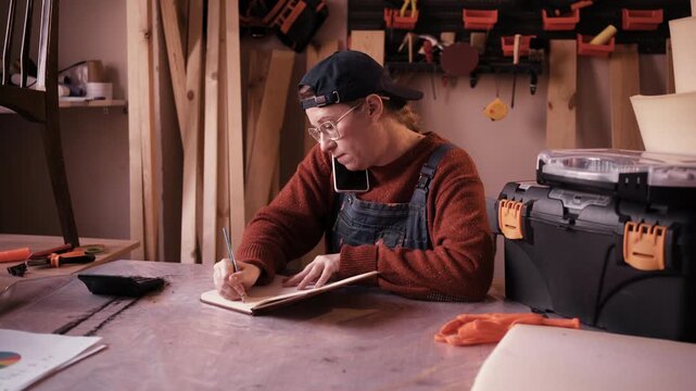 Female professional carpenter talking on phone with client and writing order details in notebook at workshop