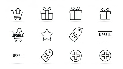 E-commerce Icons: Shopping Cart, Upsell, Gift Box, Star, Discount Tag, Add Button