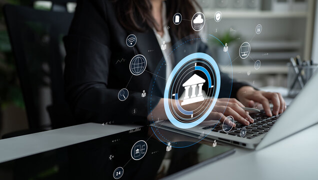 A global FinTech and digital banking network technology concept. A central financial system connected to the worldwide digital economy and services. Motif - Powered by Adobe