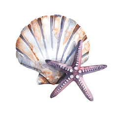 Watercolor purple starfish and seashell on black background marine ocean