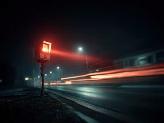 Speed camera on the roadside at night with a bright red flash illuminating the scene