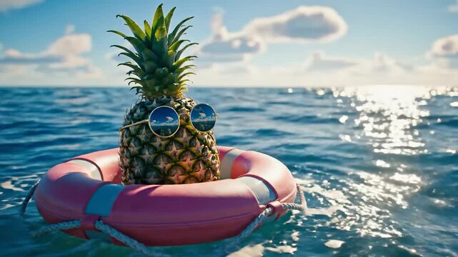 Pineapple wearing sunglasses floating on a life ring in water