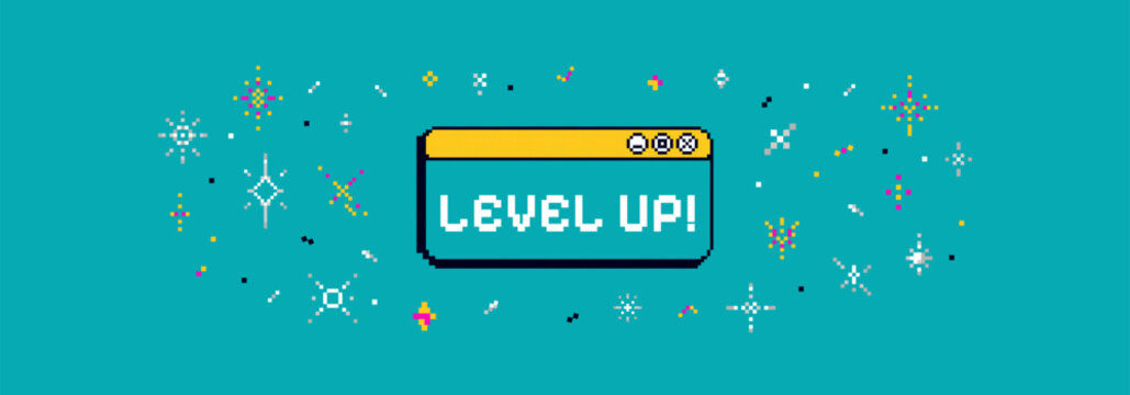 Blue pixel game background with text "level up" and 8bit sparkle, sticker. Game banner in 90s art vibe.
