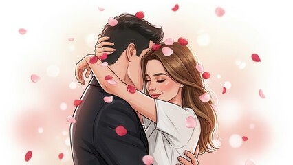 Cartoon couple embracing with rose petals around them love