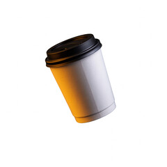 Minimalist studio photograph capturing a white paper takeaway coffee cup with a black plastic lid isolated against a deep black background