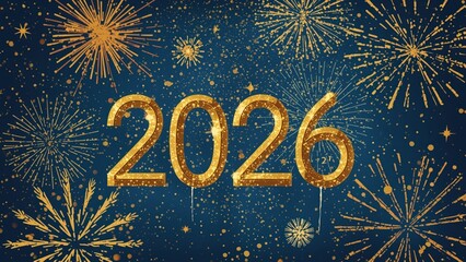 Golden fireworks and glittering gold numbers 2026 on dark blue background celebrating new year with festive sparkles and explosions