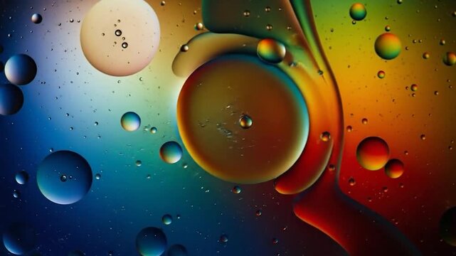 A vibrant macro image of liquid abstract art, displaying colored bubbles floating