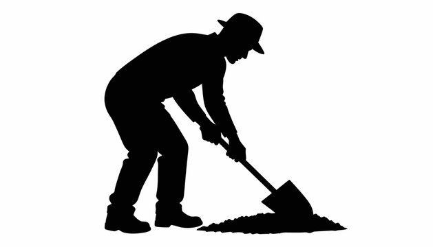 Silhouette of a man digging with a shovel, isolated on white background.
