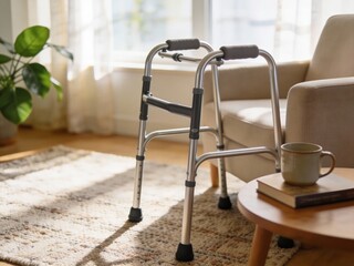 A walker is sitting on a rug in front of a couch