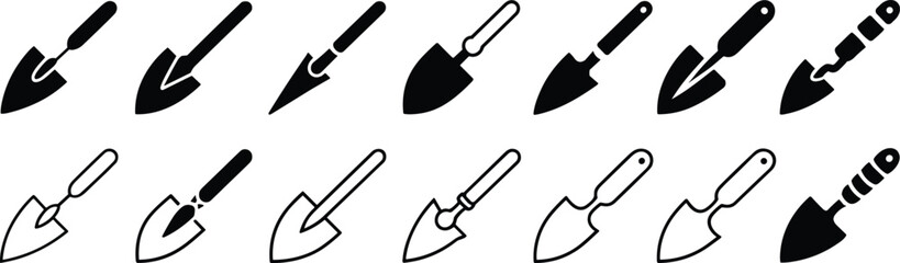 Garden shovel and trowel icon set featuring hand digging tools for planting, landscaping, farming and outdoor gardening in black silhouette style © Hasem Creative