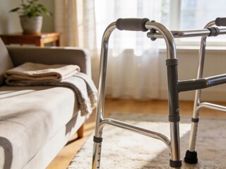 A walker is sitting on a rug in front of a couch