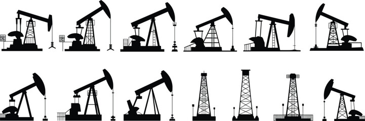 pump jacks and drilling rigs for petroleum extraction, industrial design, and energy sector illustrations.